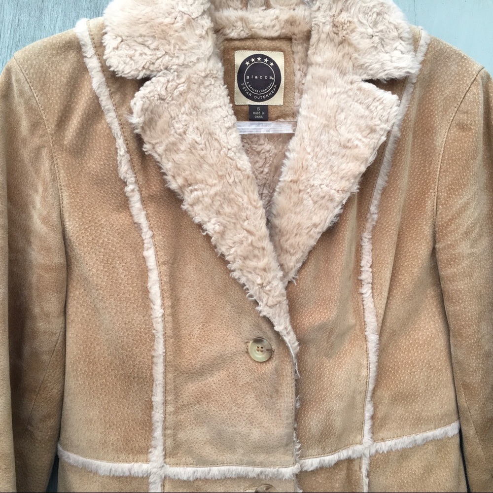 giacca Vintage Tan Penny Lane Daisy Leather Suede Coat With Faux Fur Trim Small - Picture 2 of 7